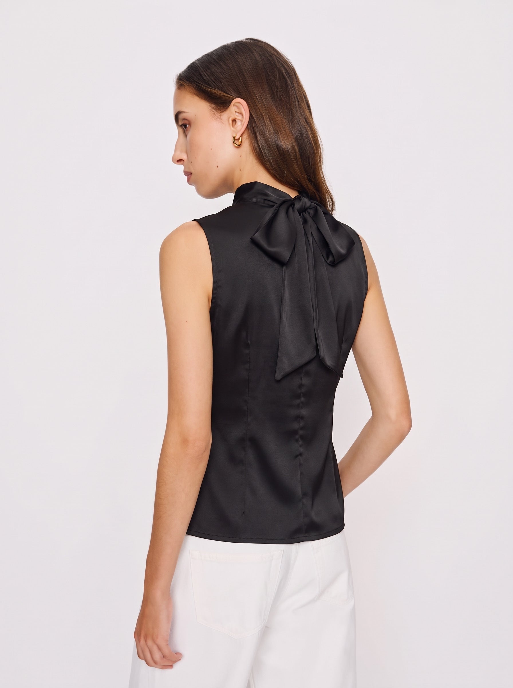Satin Bow Tie Blouse - Black