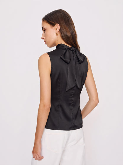 Satin Bow Tie Blouse - Black