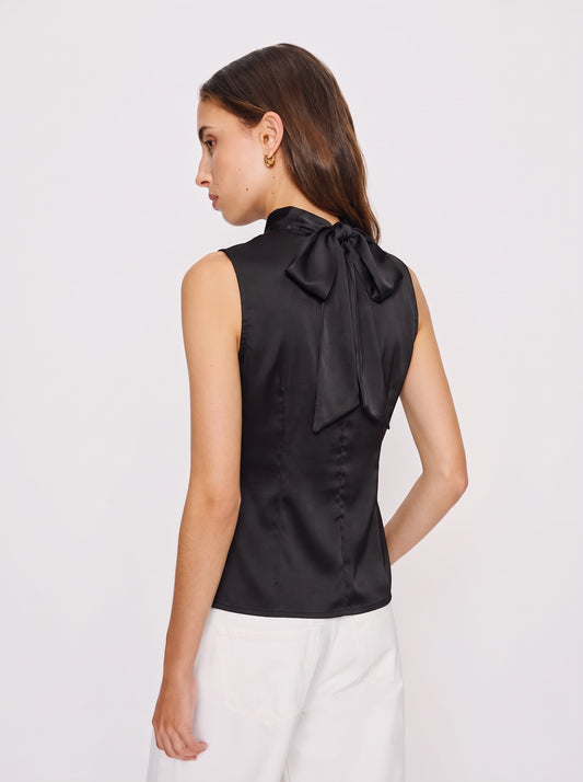 Satin Bow Tie Blouse - Black
