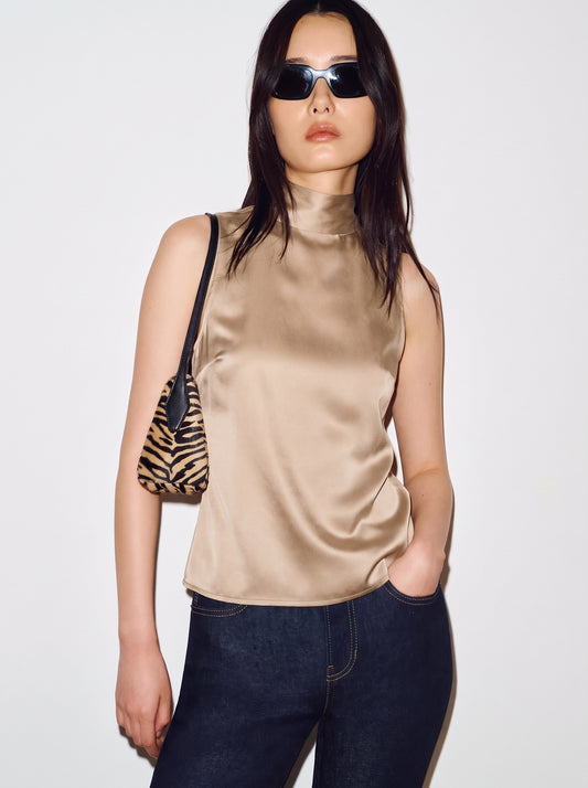 Satin Bow Tie Blouse - Soft Gold