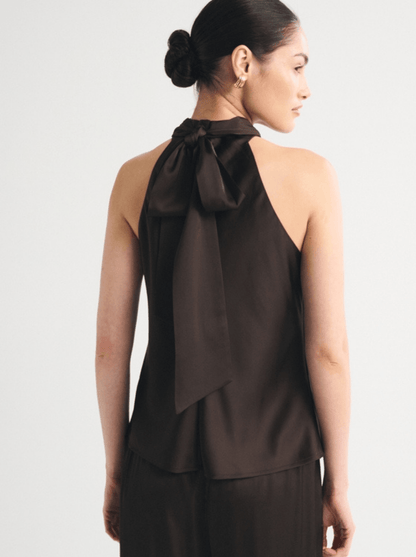 Satin Bow Tie Blouse - Espresso