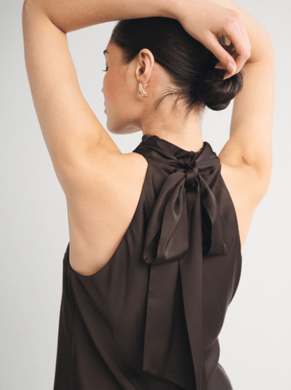 Satin Bow Tie Blouse - Espresso