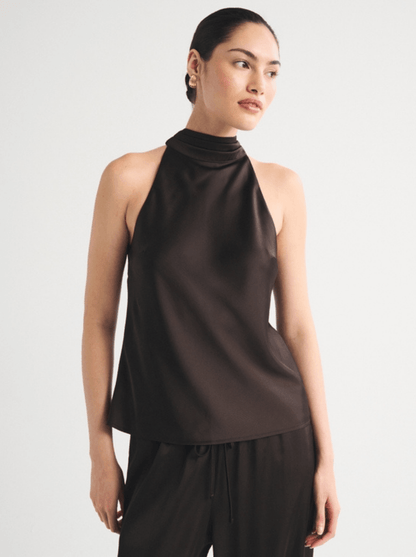Satin Bow Tie Blouse - Espresso