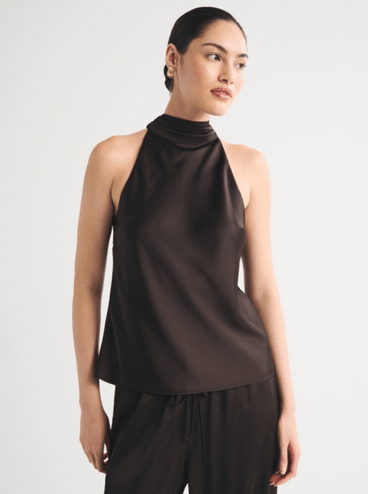 Satin Bow Tie Blouse - Espresso